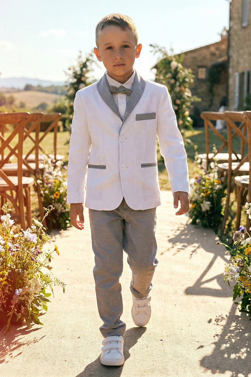 Boys White Linen Blazer & Grey Trousers 2-Piece Suit