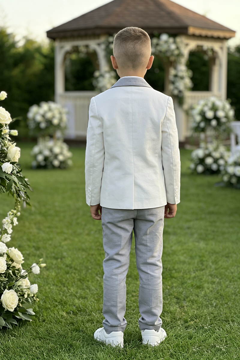 Boys White Linen Blazer & Grey Trousers 2-Piece Suit