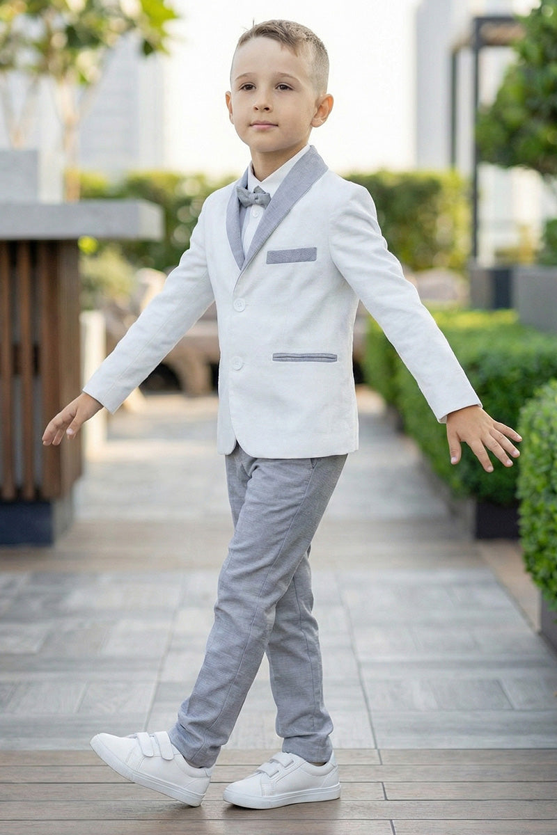 Boys White Linen Blazer & Grey Trousers 2-Piece Suit