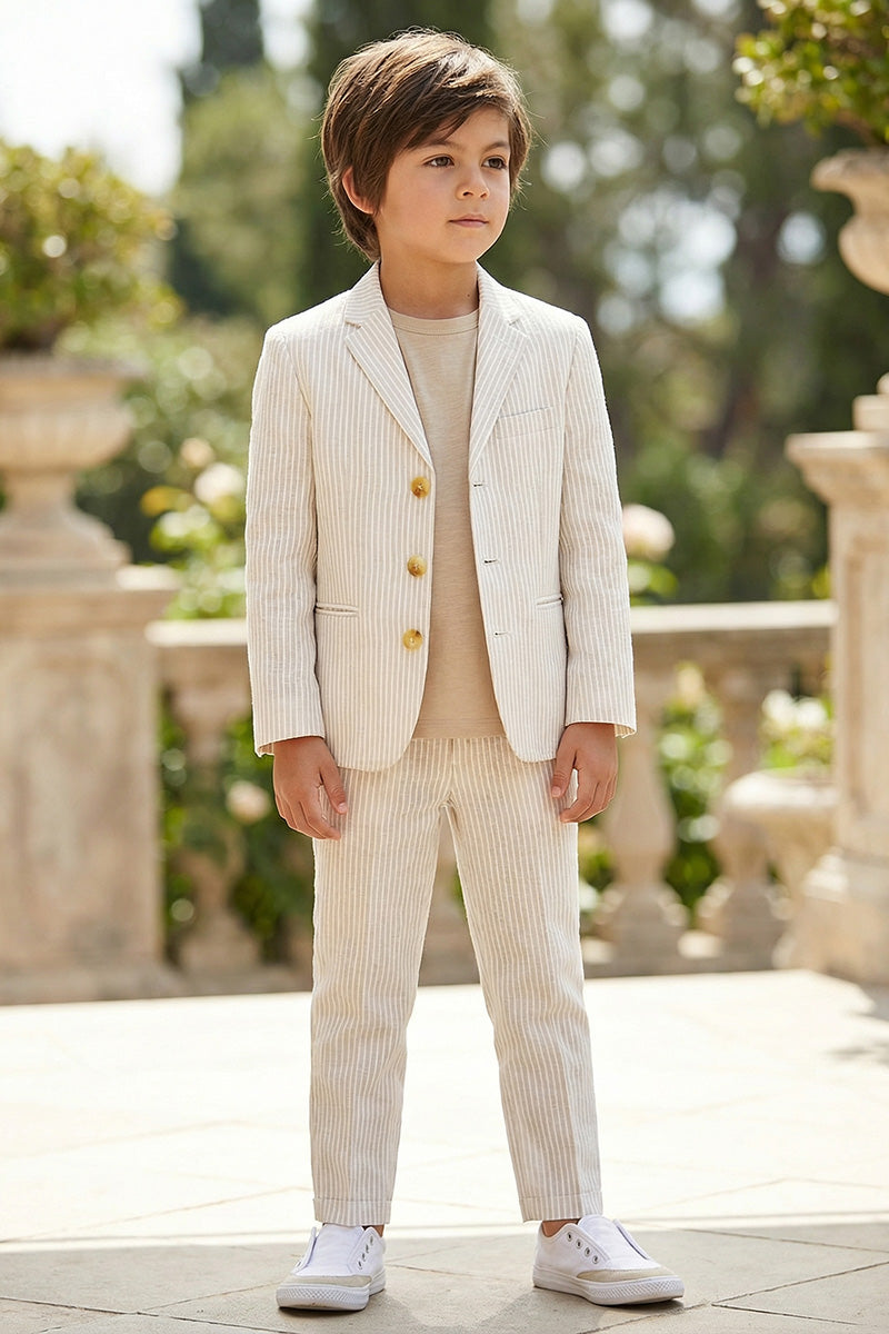 Boys Beige Pinstripe Linen-Blend 2-Piece Suit