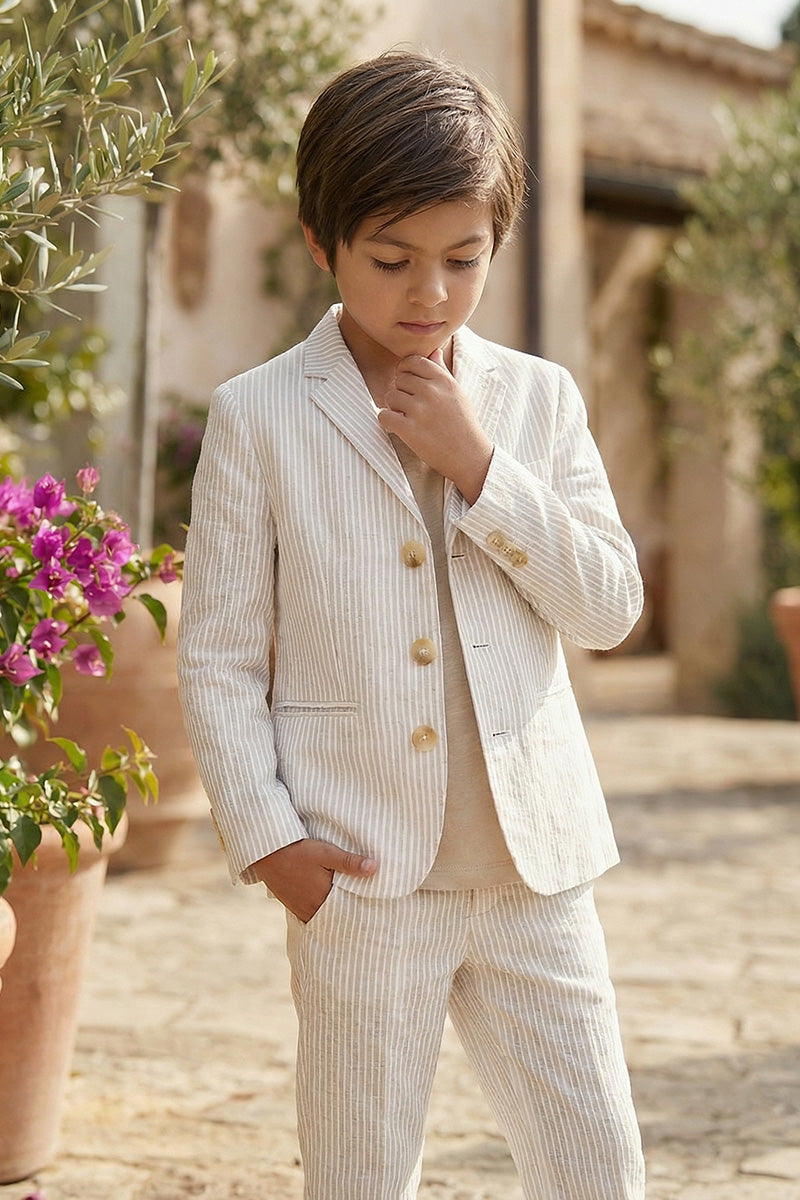 Boys Beige Pinstripe Linen-Blend 2-Piece Suit