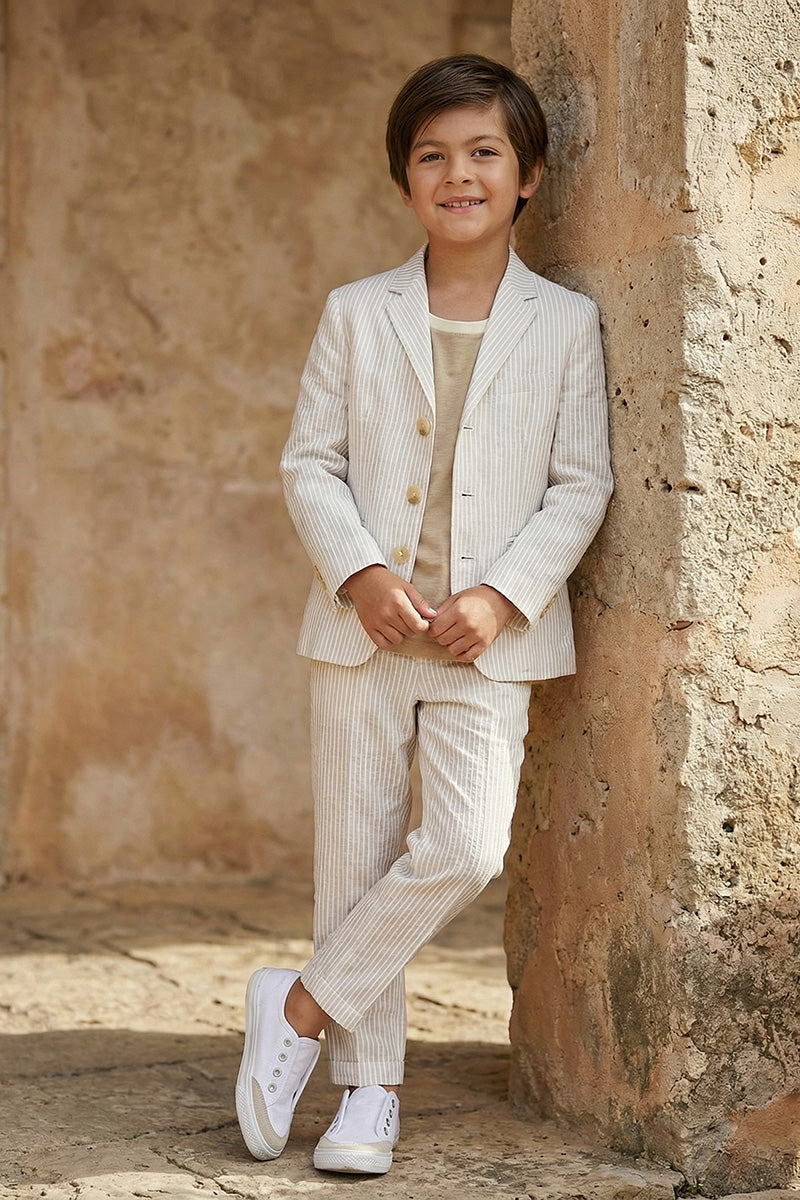 Boys Beige Pinstripe Linen-Blend 2-Piece Suit