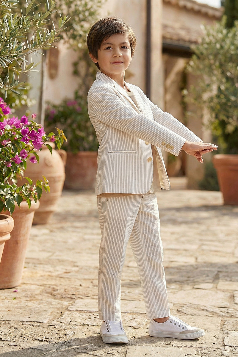 Boys Beige Pinstripe Linen-Blend 2-Piece Suit