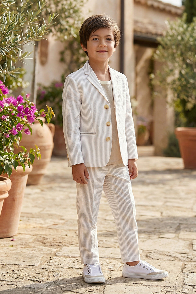Boys Beige Pinstripe Linen-Blend 2-Piece Suit