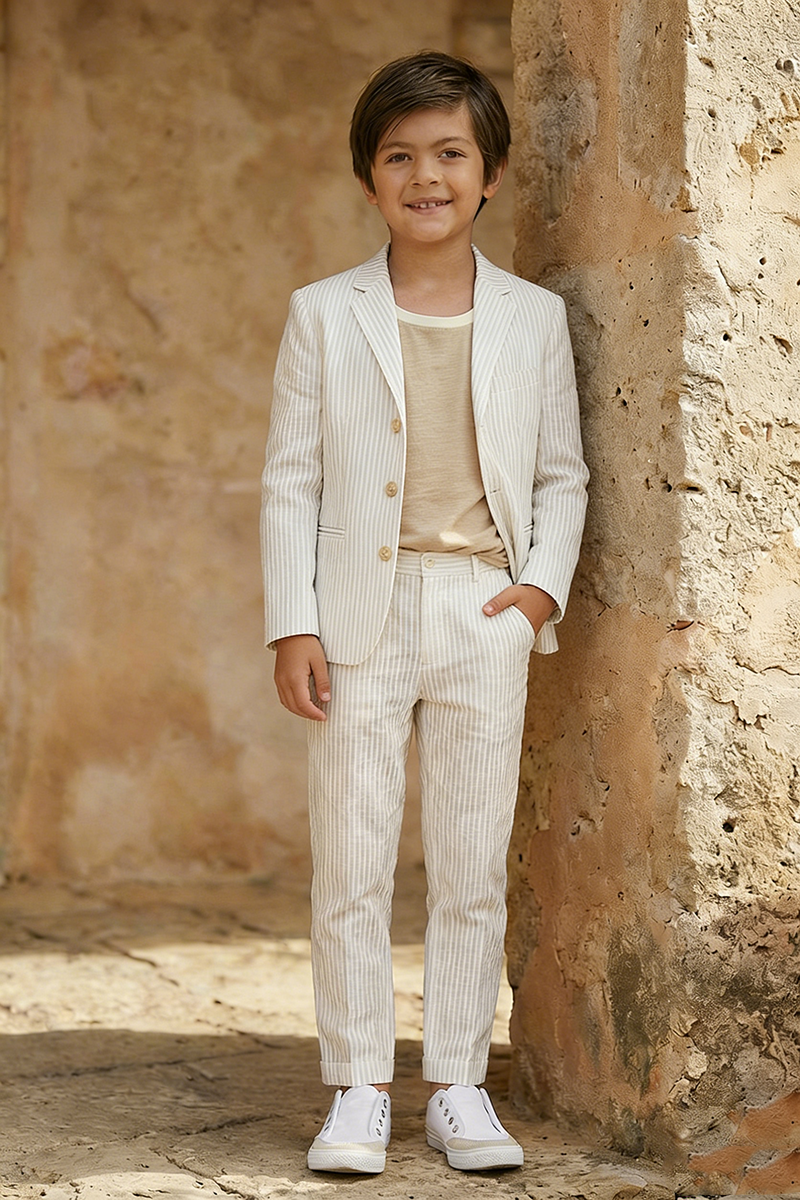Boys Beige Pinstripe Linen-Blend 2-Piece Suit