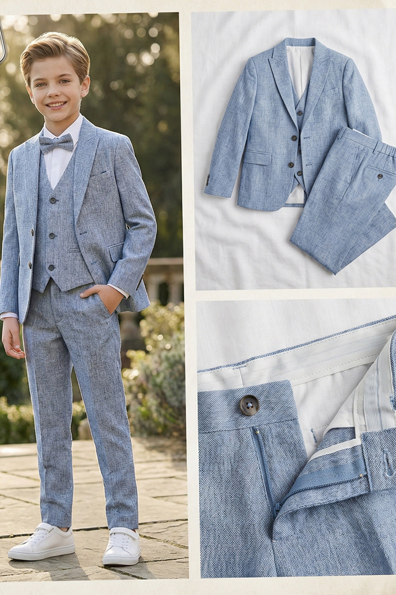 Boys Light Blue Linen-Blend 3-Piece Suit