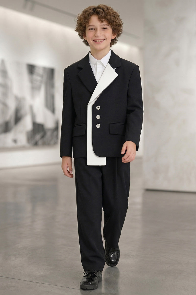 Boys Black Asymmetric White Panel 2-Piece Suit