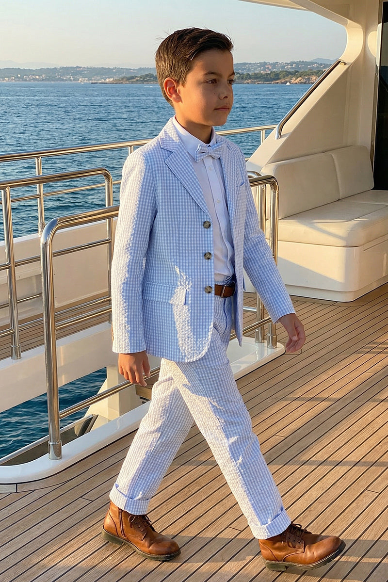 Boys Light Blue Gingham Seersucker 2-Piece Suit