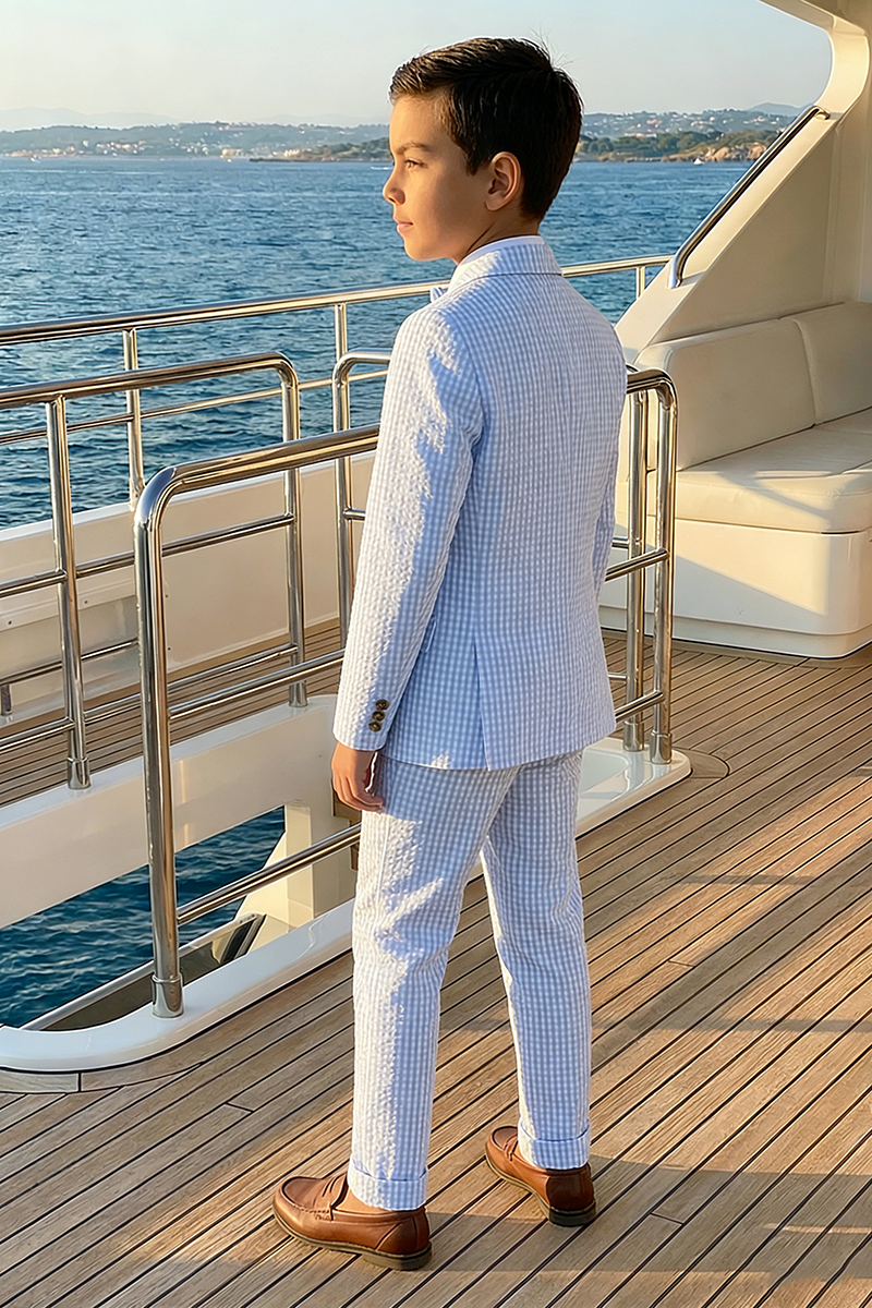 Boys Light Blue Gingham Seersucker 2-Piece Suit