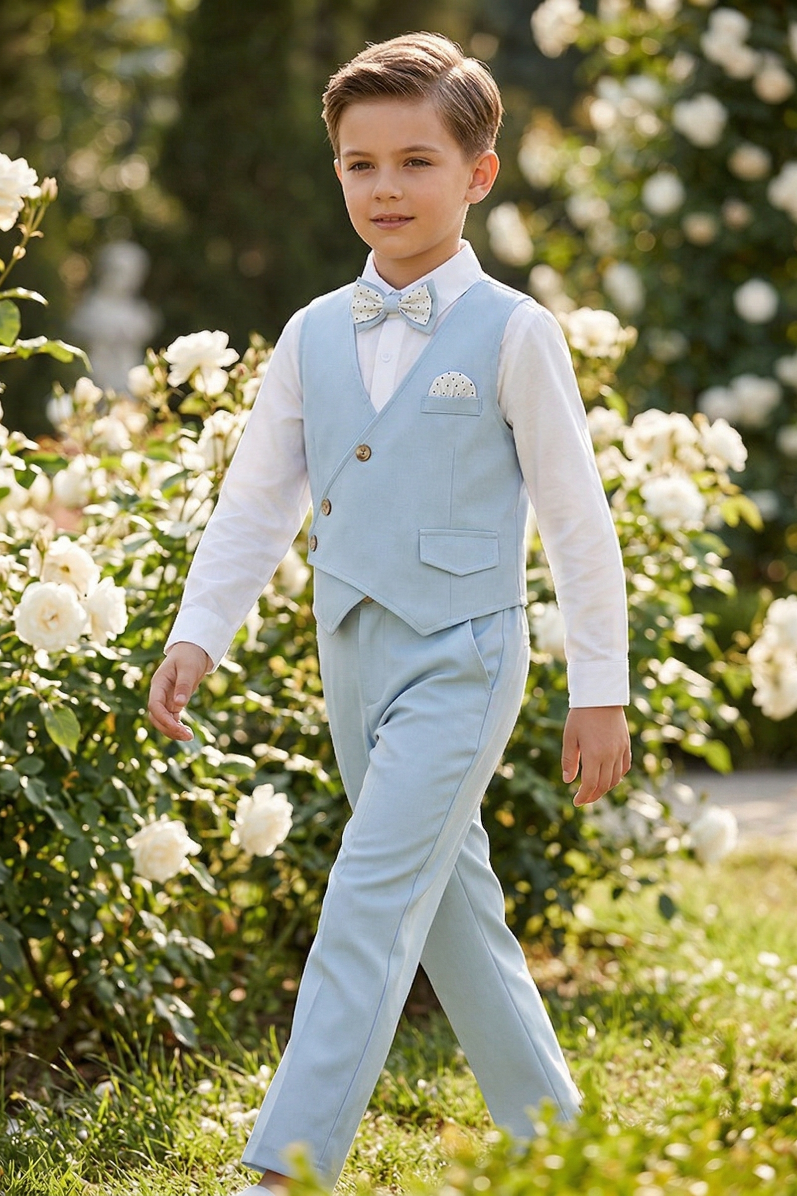 Light Blue Cotton And Linen Asymmetrical Collar 2-Piece Set