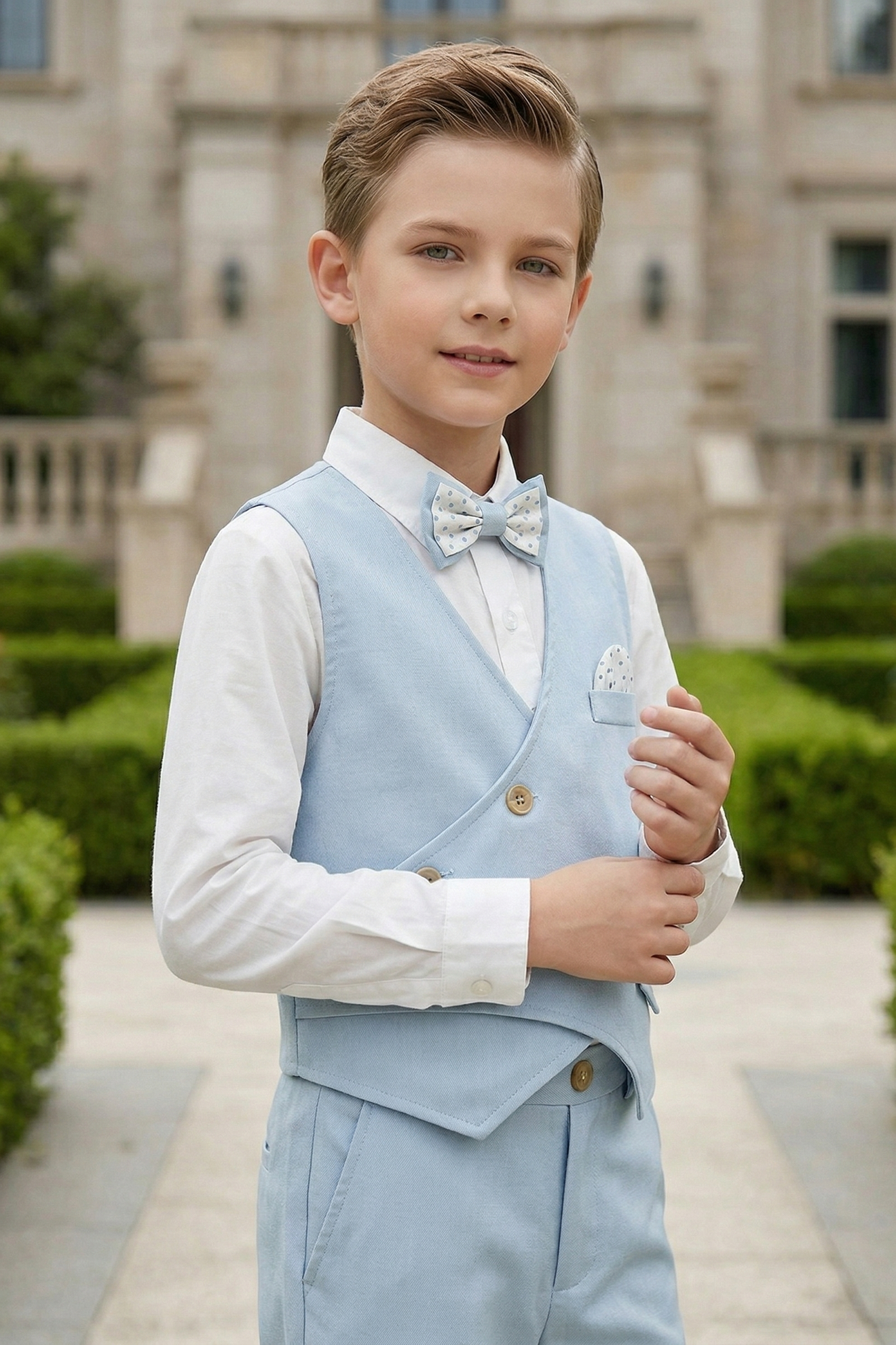 Light Blue Cotton And Linen Asymmetrical Collar 2-Piece Set