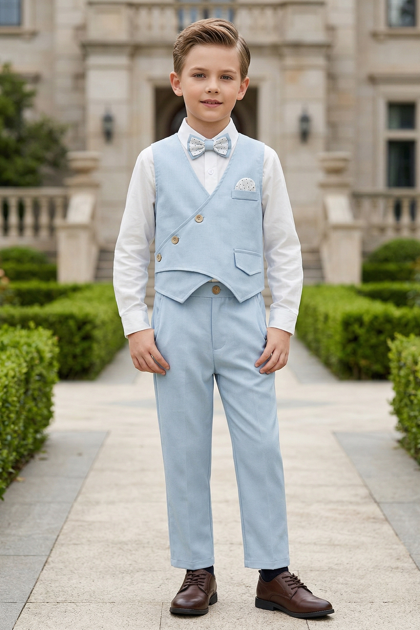 Light Blue Cotton And Linen Asymmetrical Collar 2-Piece Set