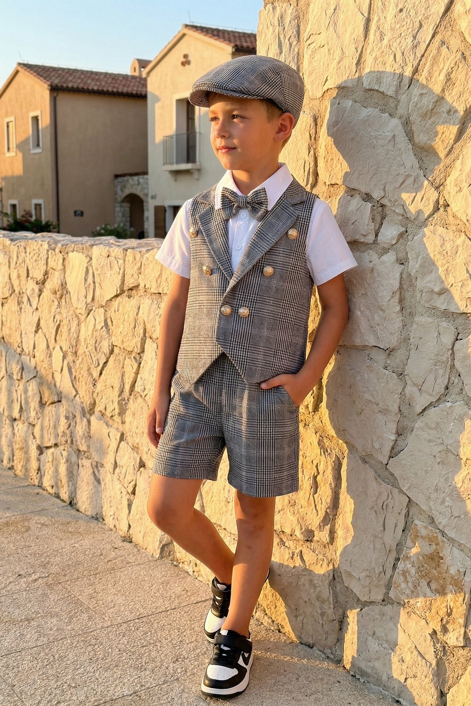 Gray Plaid Double-Breasted Vest 2-Piece Set