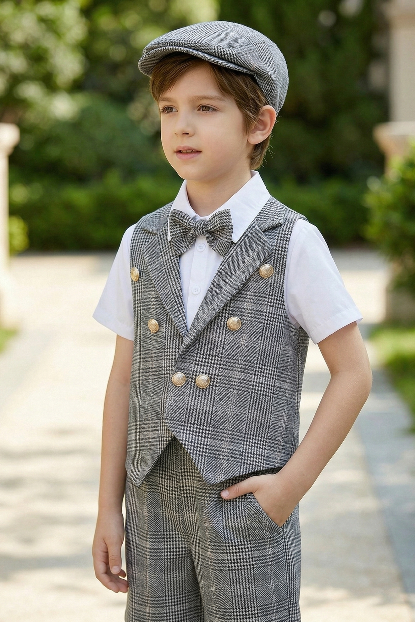 Gray Plaid Double-Breasted Vest 2-Piece Set