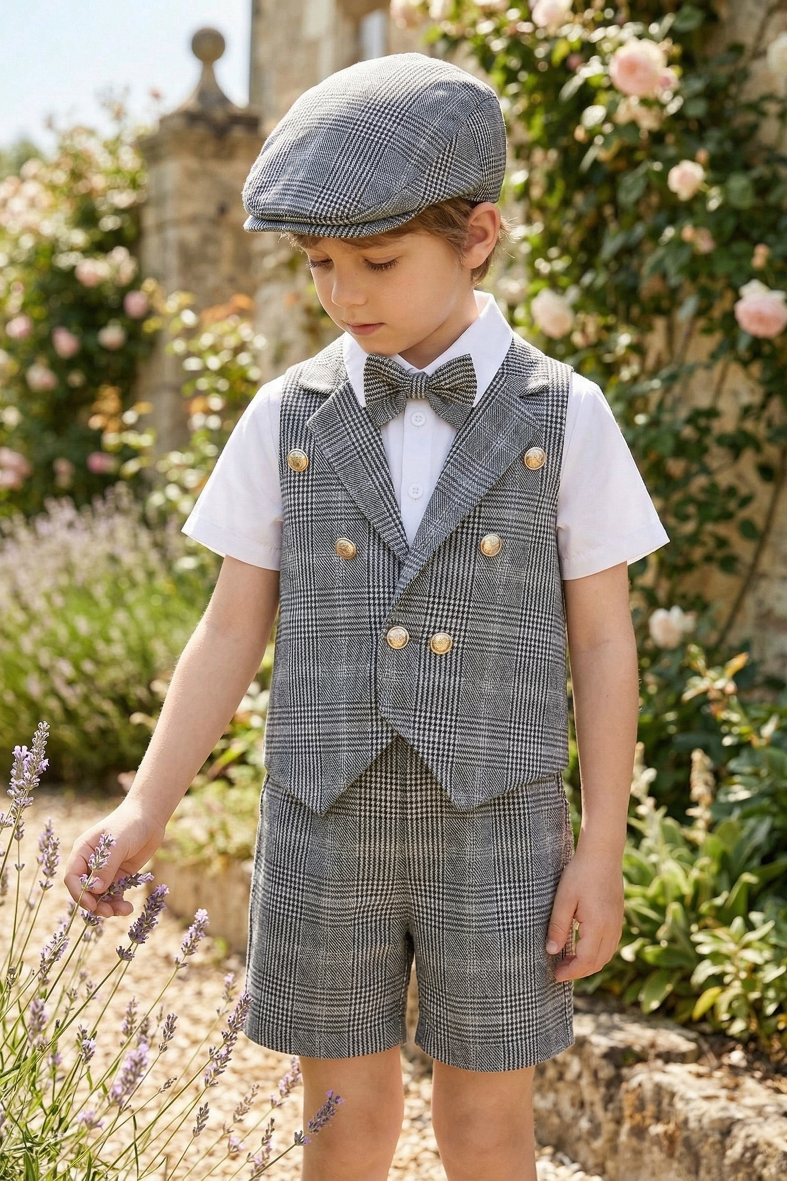 Gray Plaid Double-Breasted Vest 2-Piece Set