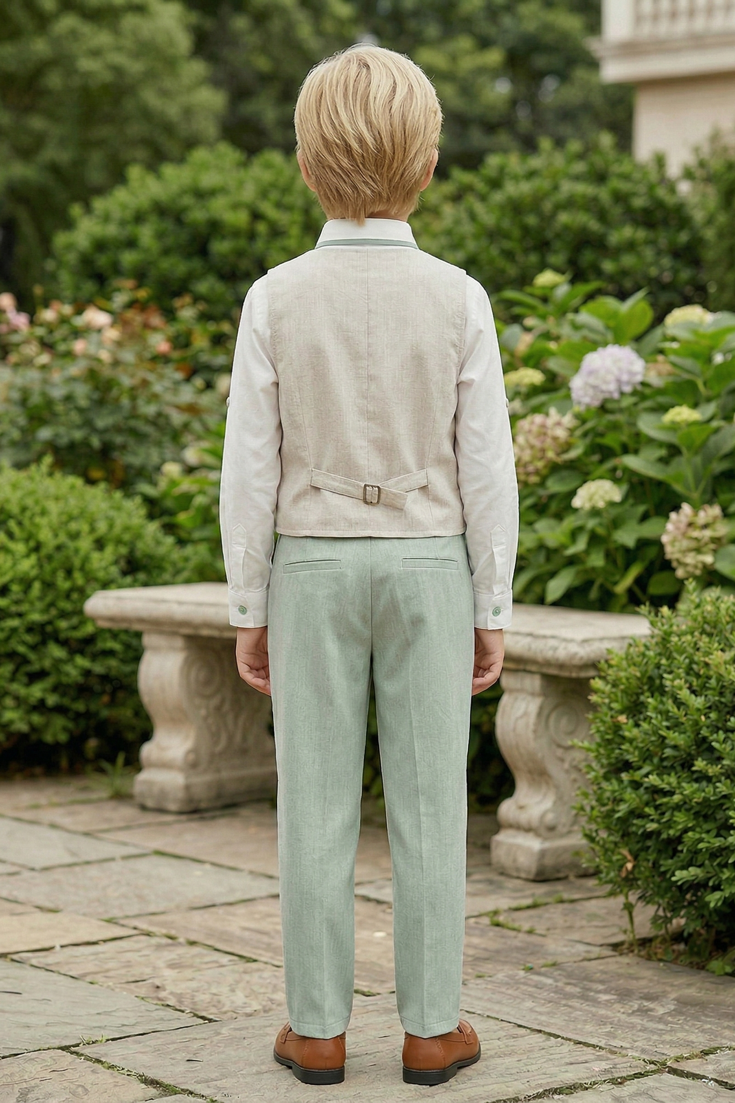 Beige And Mint Green Cotton-Linen Asymmetrical Vest 2-Piece Set