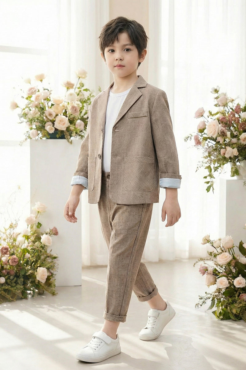 Boys Taupe Textured 2-Piece Suit for Casual Weddings