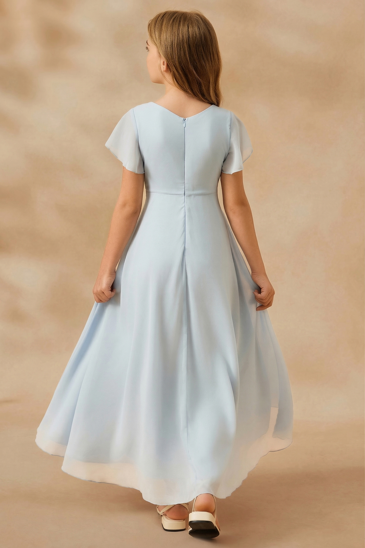 Light Blue Chiffon V-Neck Fitted Waist A-Line Dress