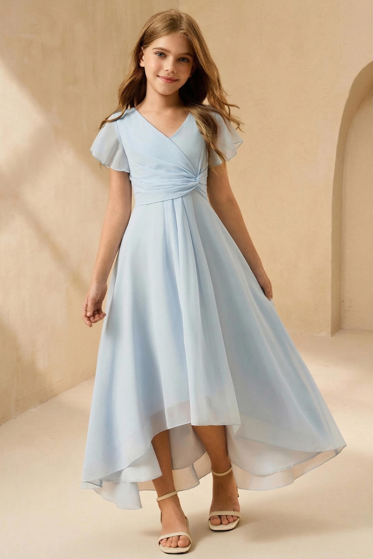 Light Blue Chiffon V-Neck Fitted Waist A-Line Dress