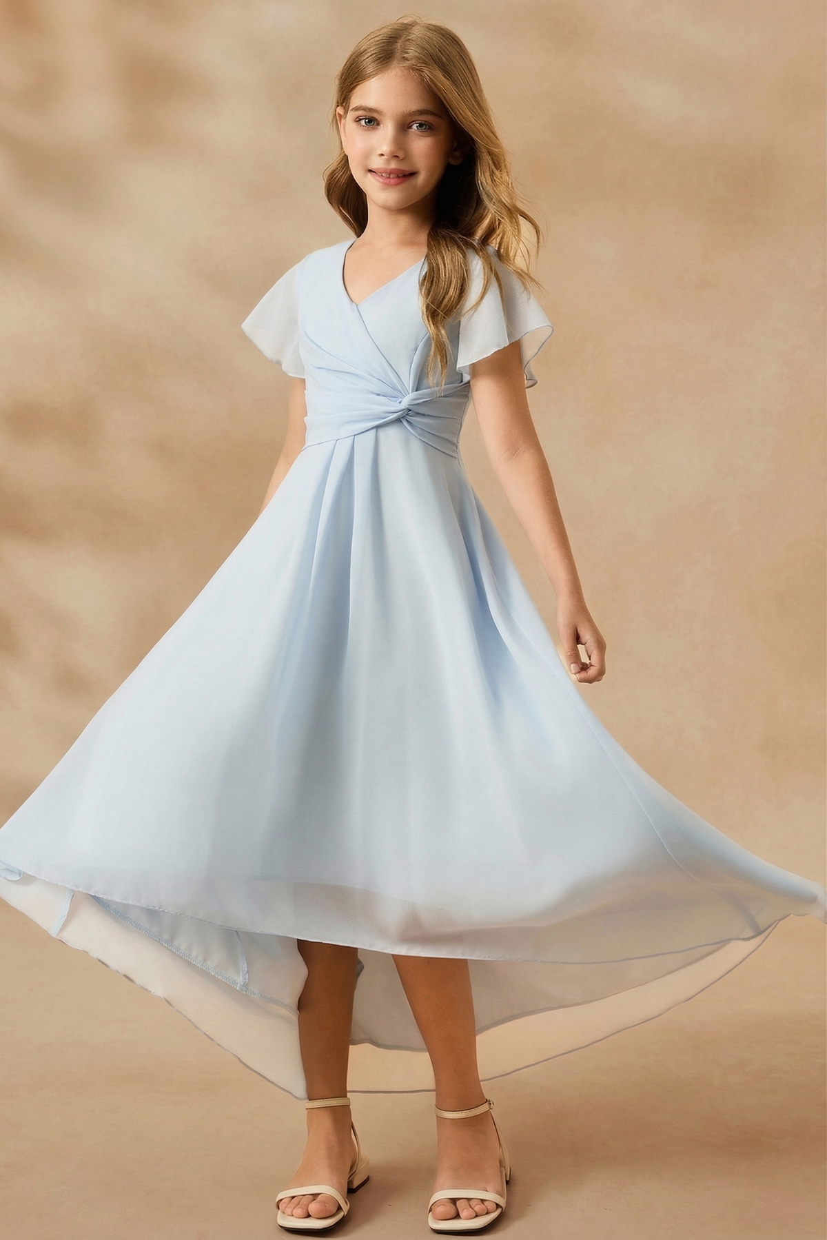 Light Blue Chiffon V-Neck Fitted Waist A-Line Dress