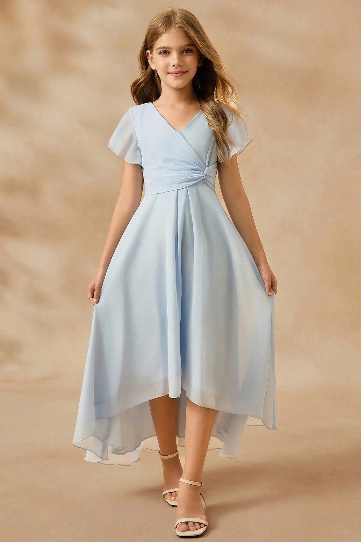 Light Blue Chiffon V-Neck Fitted Waist A-Line Dress