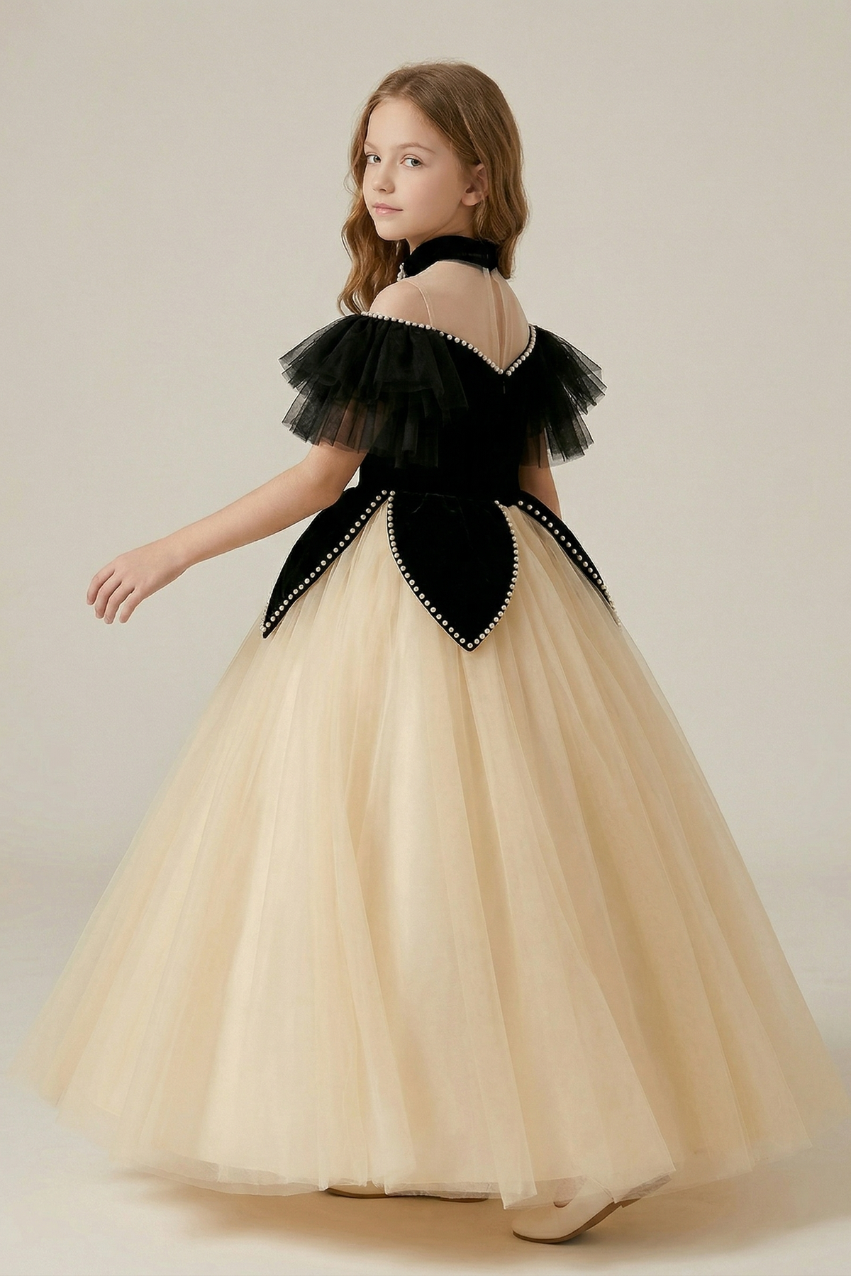 Black Velvet Pearl Mesh A-Line Dress