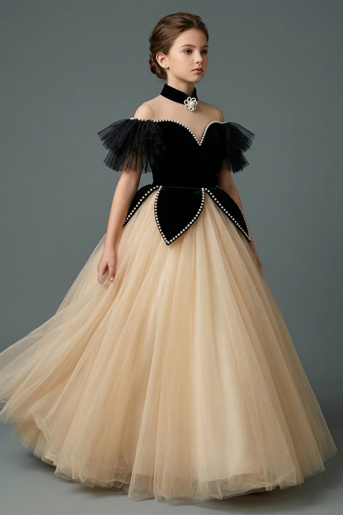 Black Velvet Pearl Mesh A-Line Dress