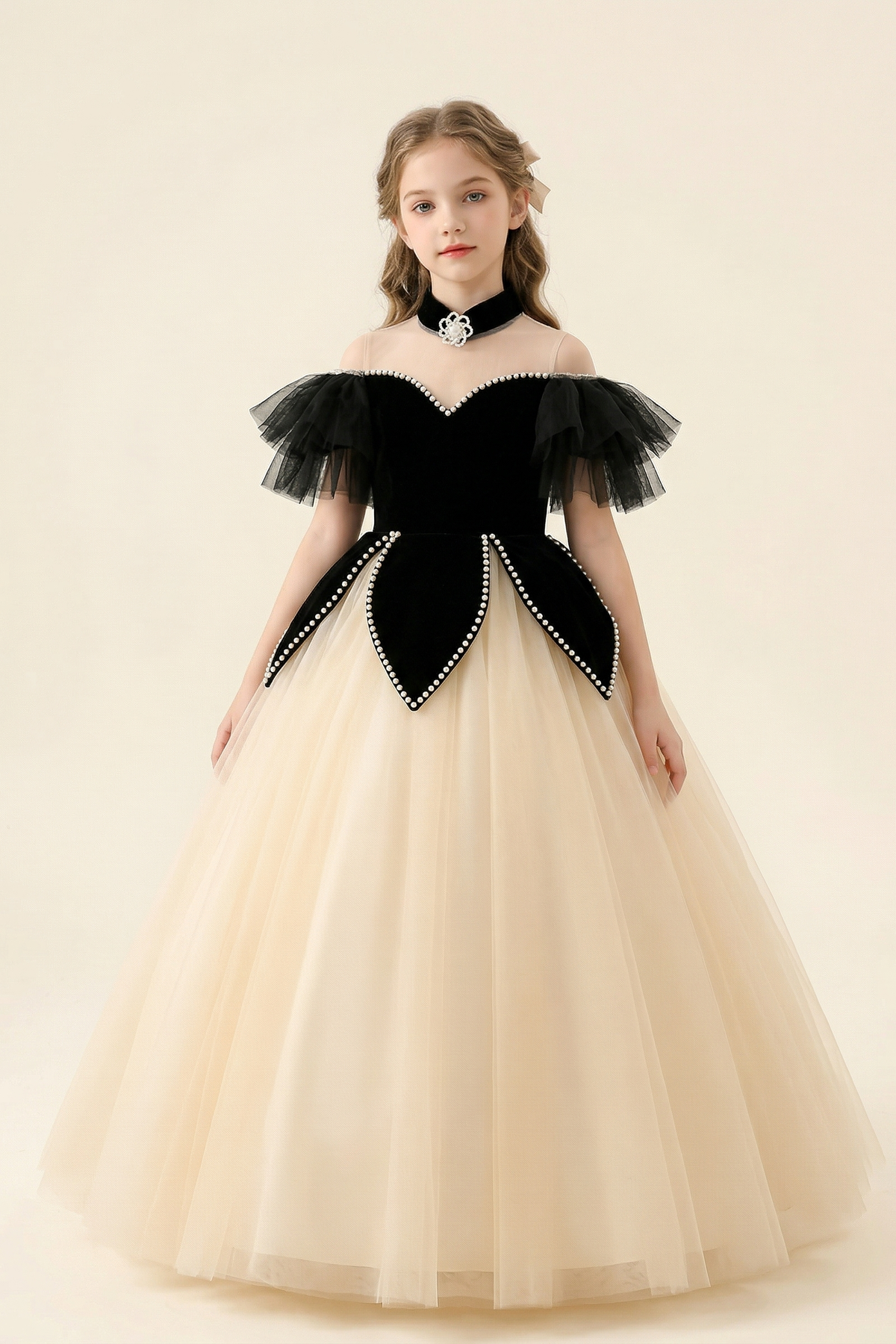 Black Velvet Pearl Mesh A-Line Dress