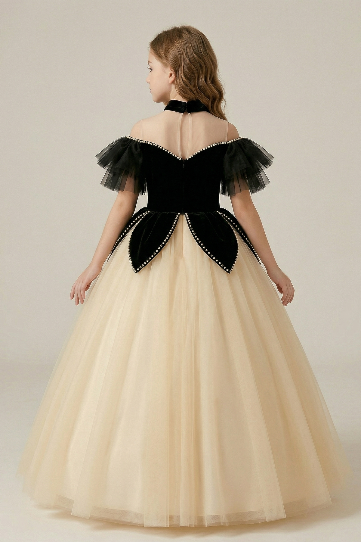 Black Velvet Pearl Mesh A-Line Dress
