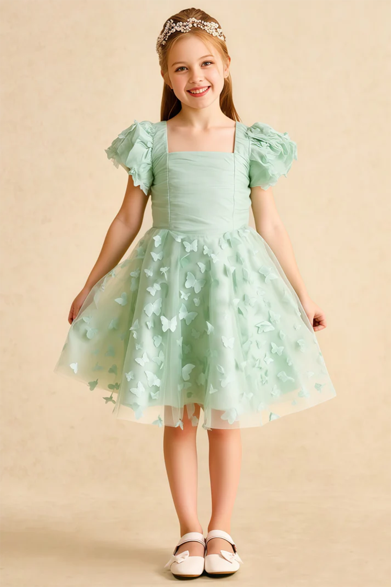 Sage Green Tulle Butterfly Appliqués Flower Girl Dress