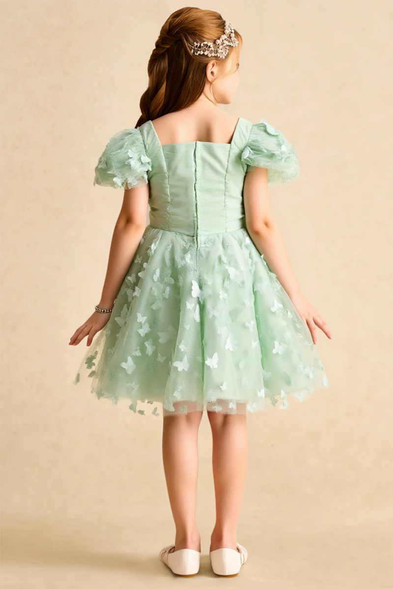 Sage Green Tulle Butterfly Appliqués Flower Girl Dress