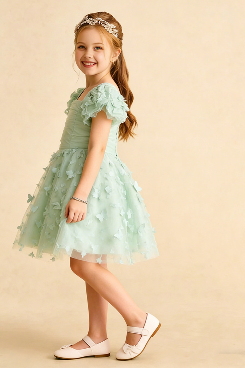 Sage Green Tulle Butterfly Appliqués Flower Girl Dress
