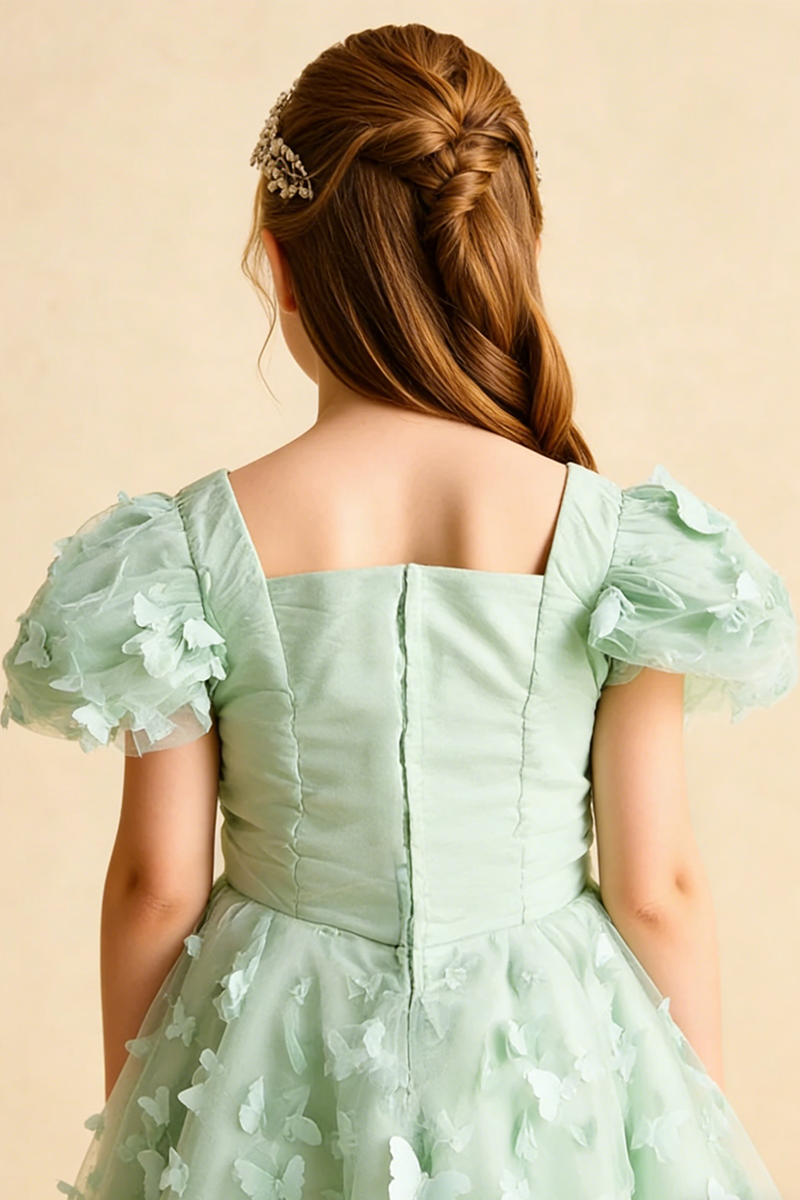 Sage Green Tulle Butterfly Appliqués Flower Girl Dress