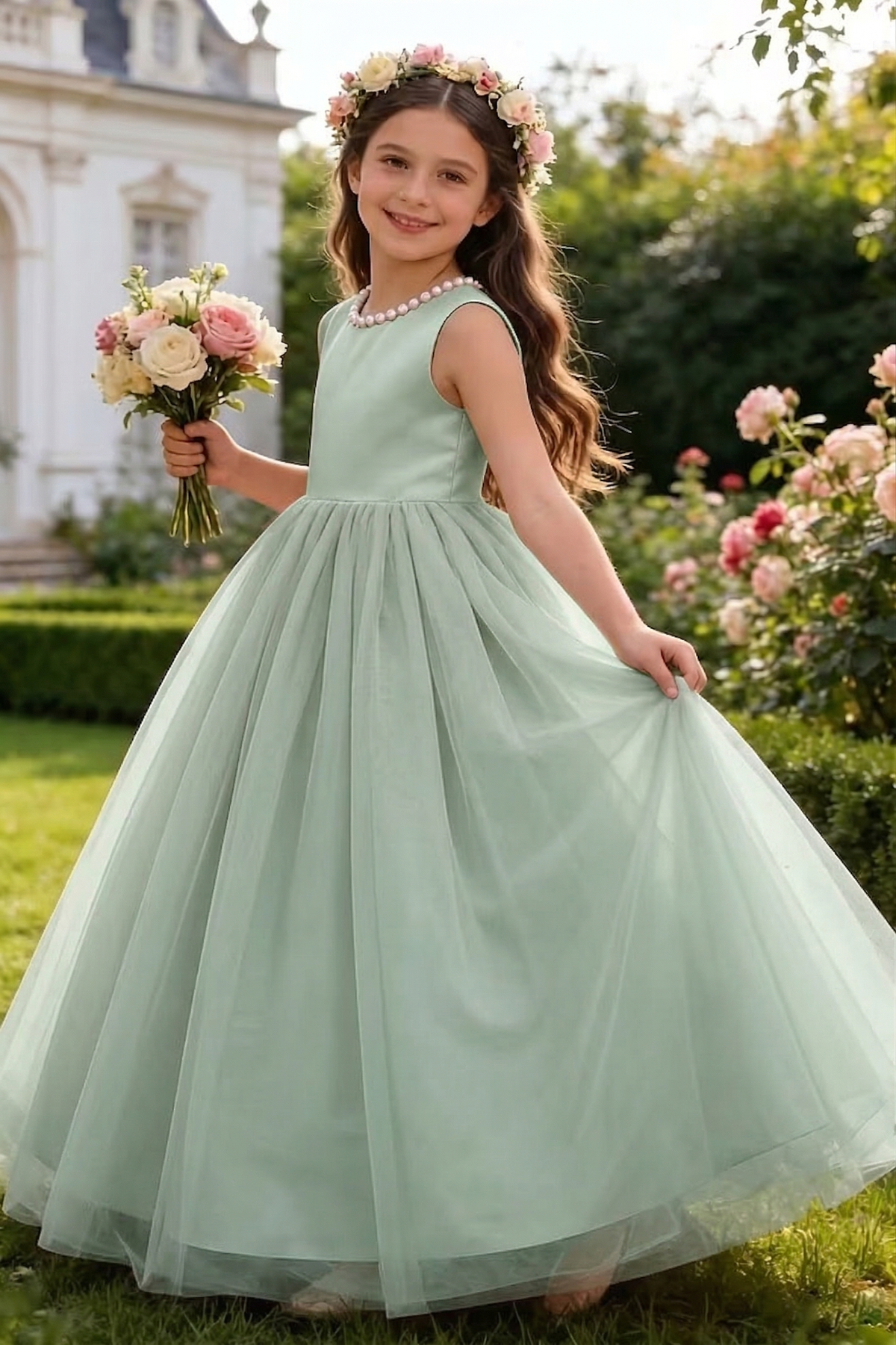 Satin Mesh Pearl Bow Dress