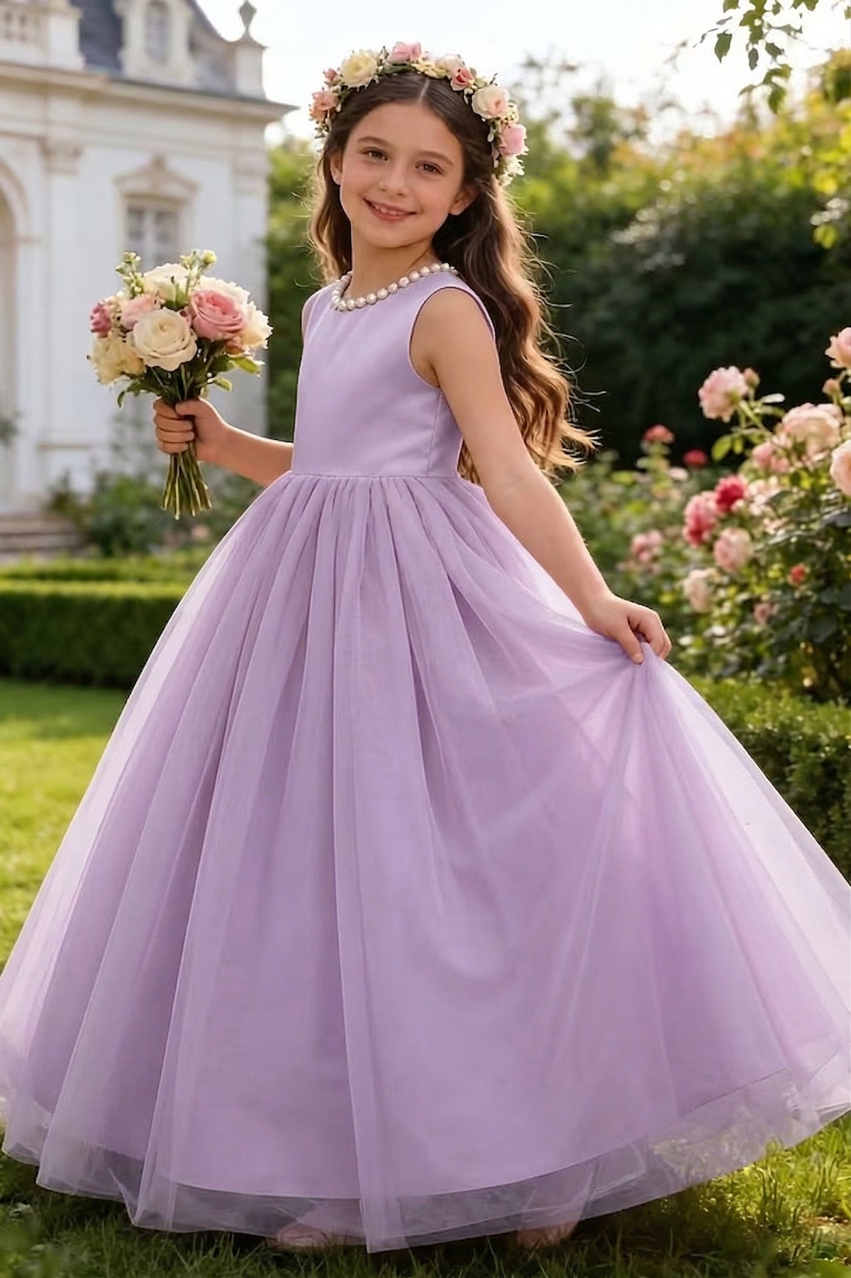 Satin Mesh Pearl Bow Dress