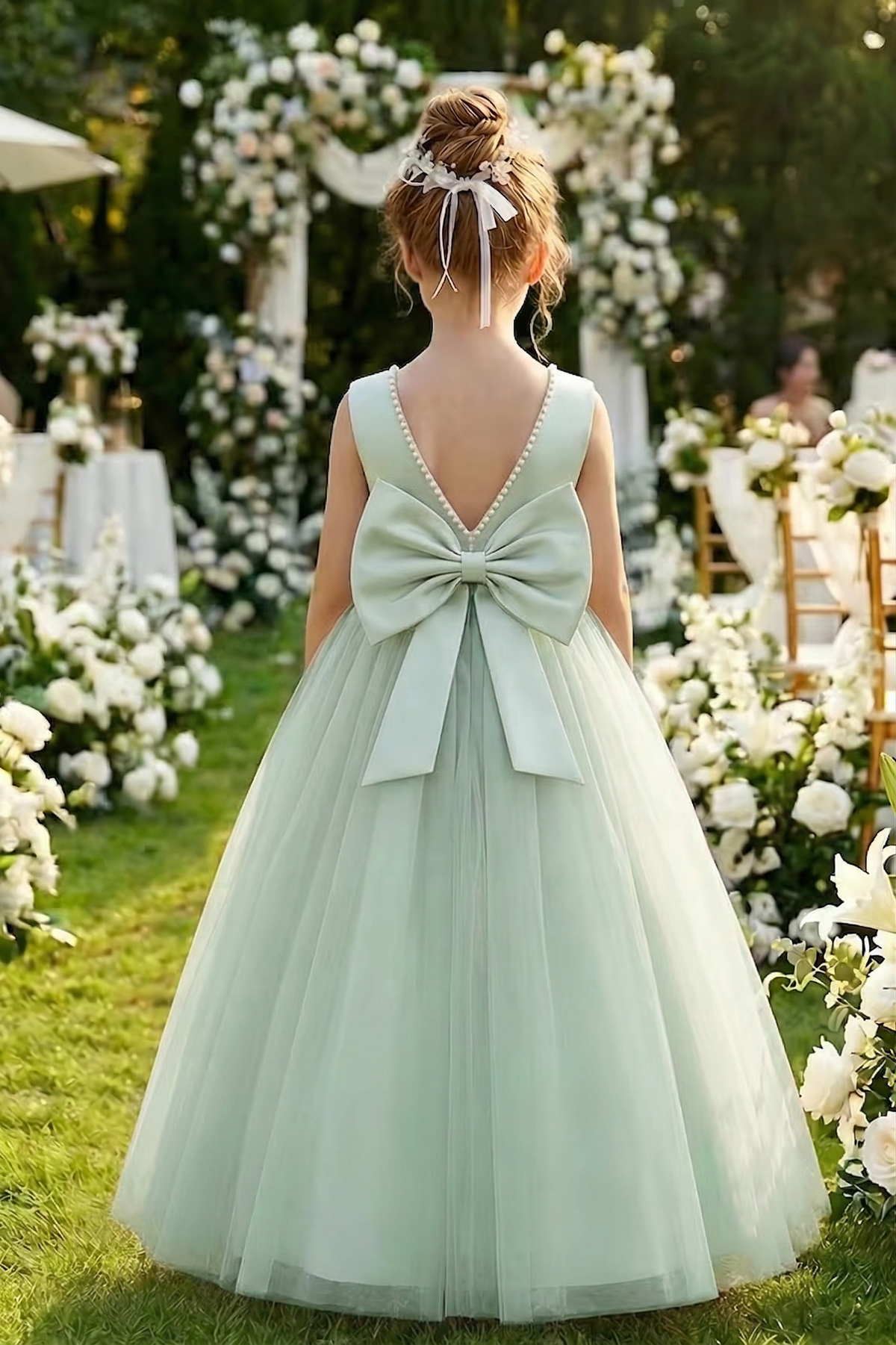 Satin Mesh Pearl Bow Dress