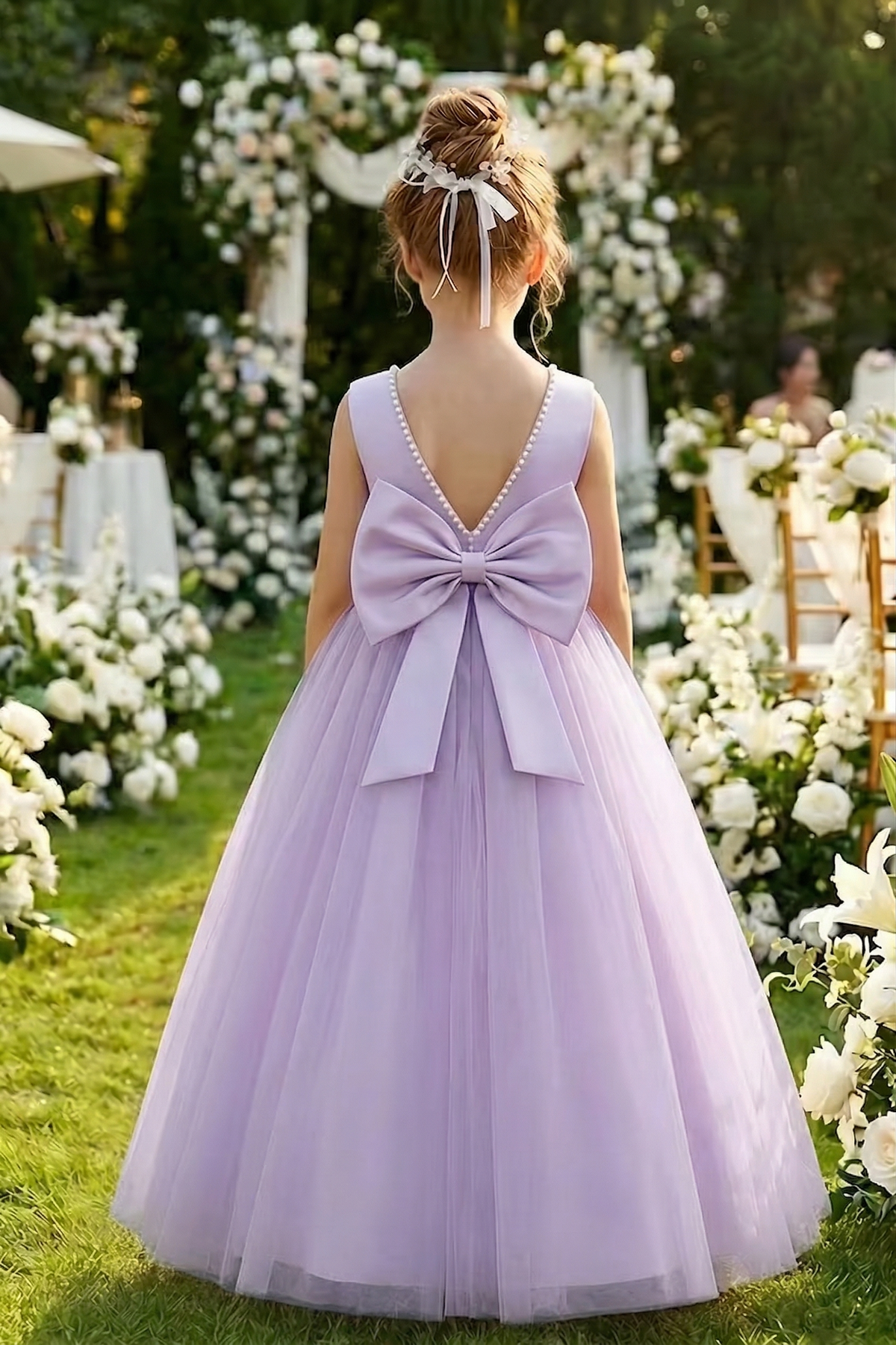 Satin Mesh Pearl Bow Dress