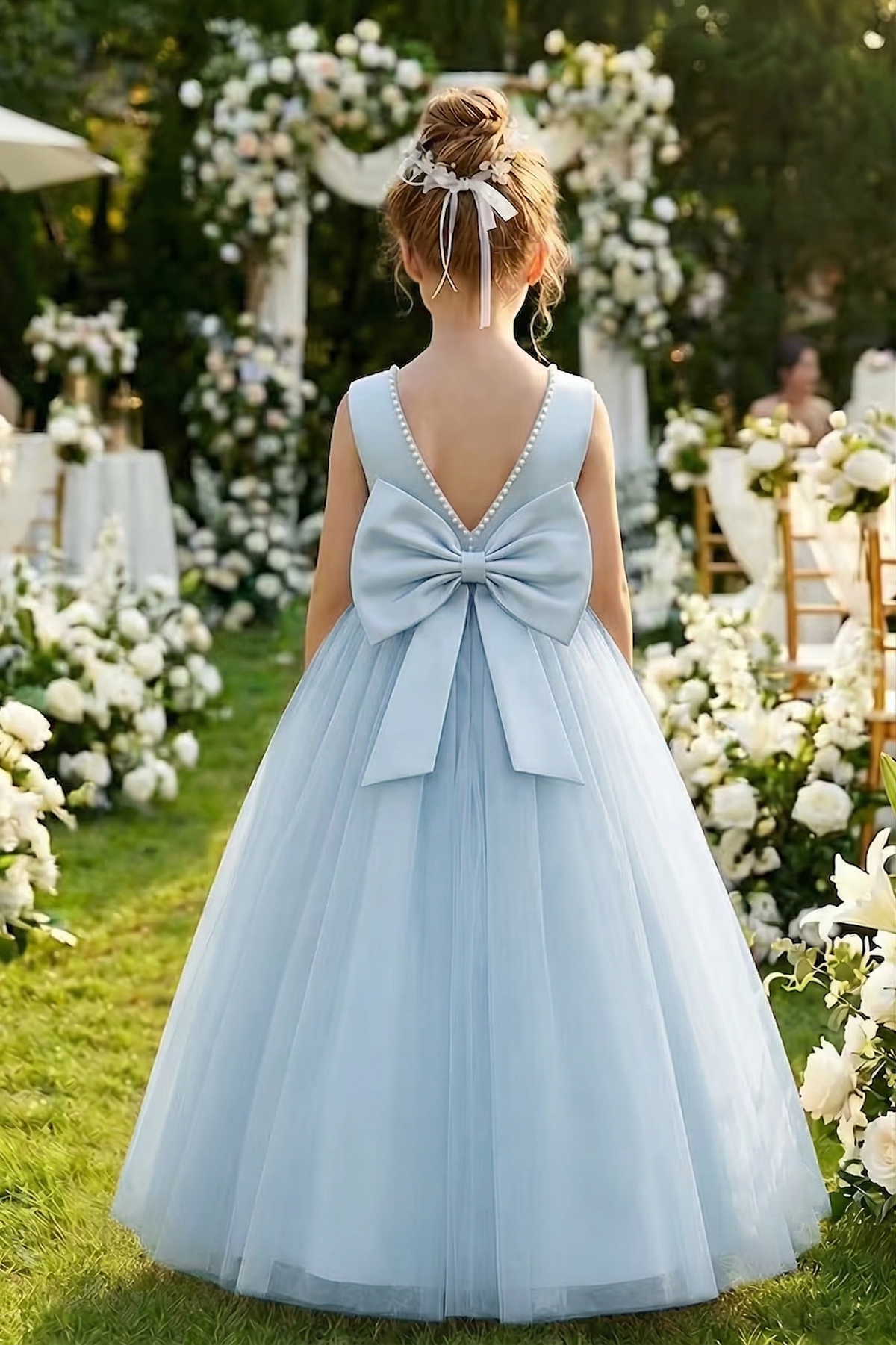 Satin Mesh Pearl Bow Dress