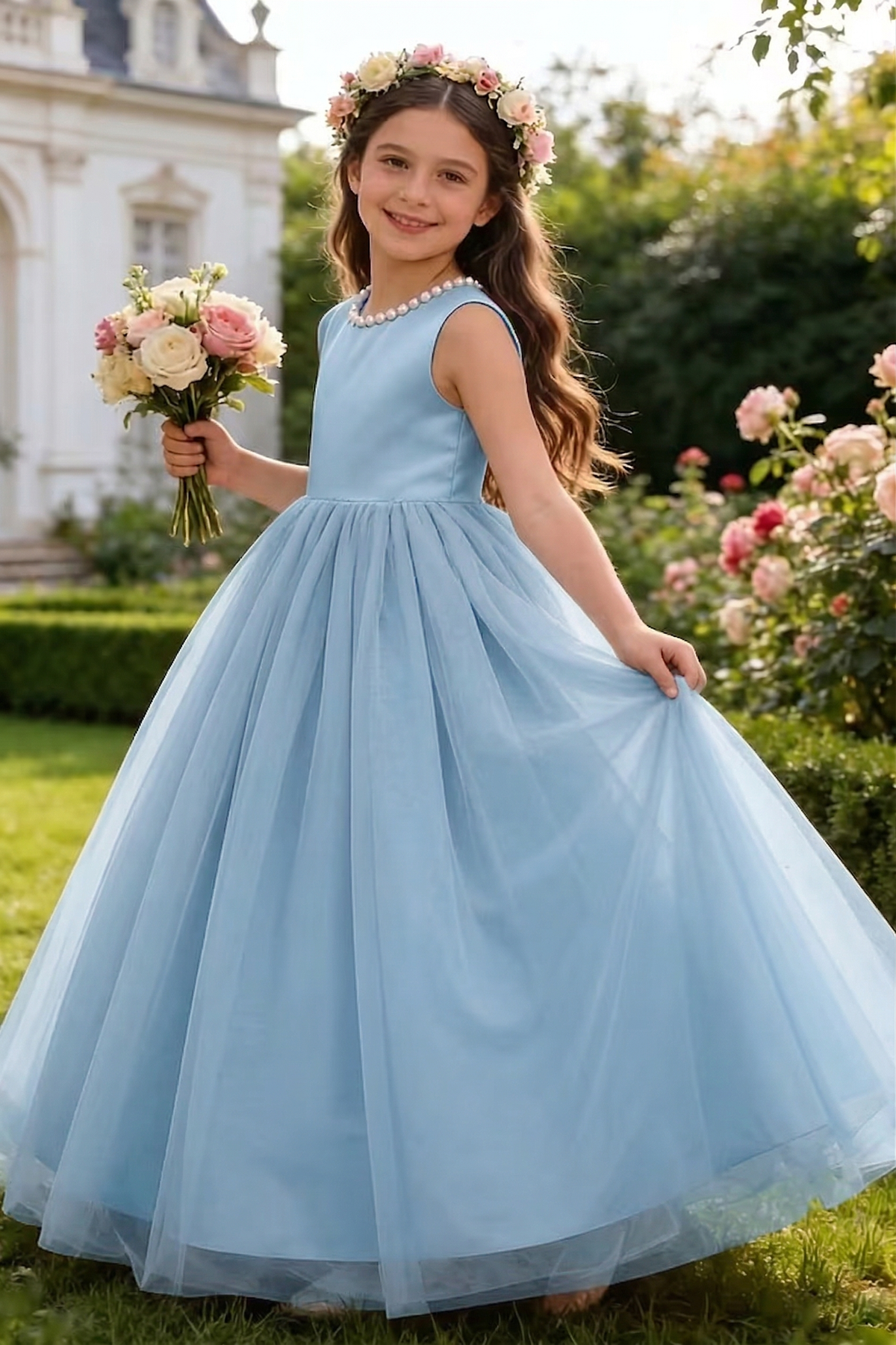Satin Mesh Pearl Bow Dress