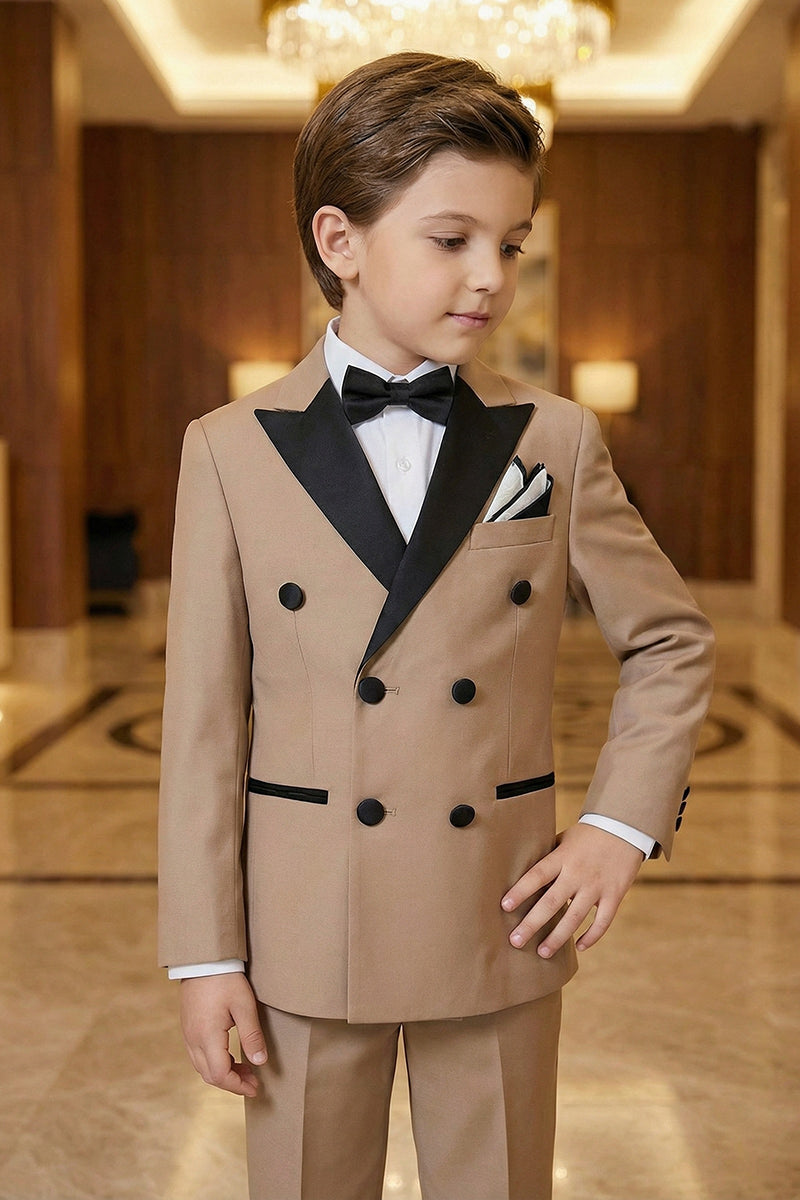 Boys Tan with Black Satin Lapel Tuxedo 2-piece Suit
