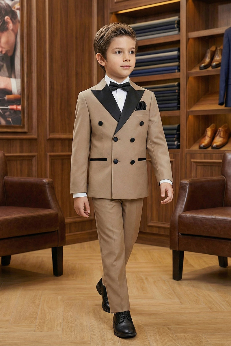 Boys Tan with Black Satin Lapel Tuxedo 2-piece Suit