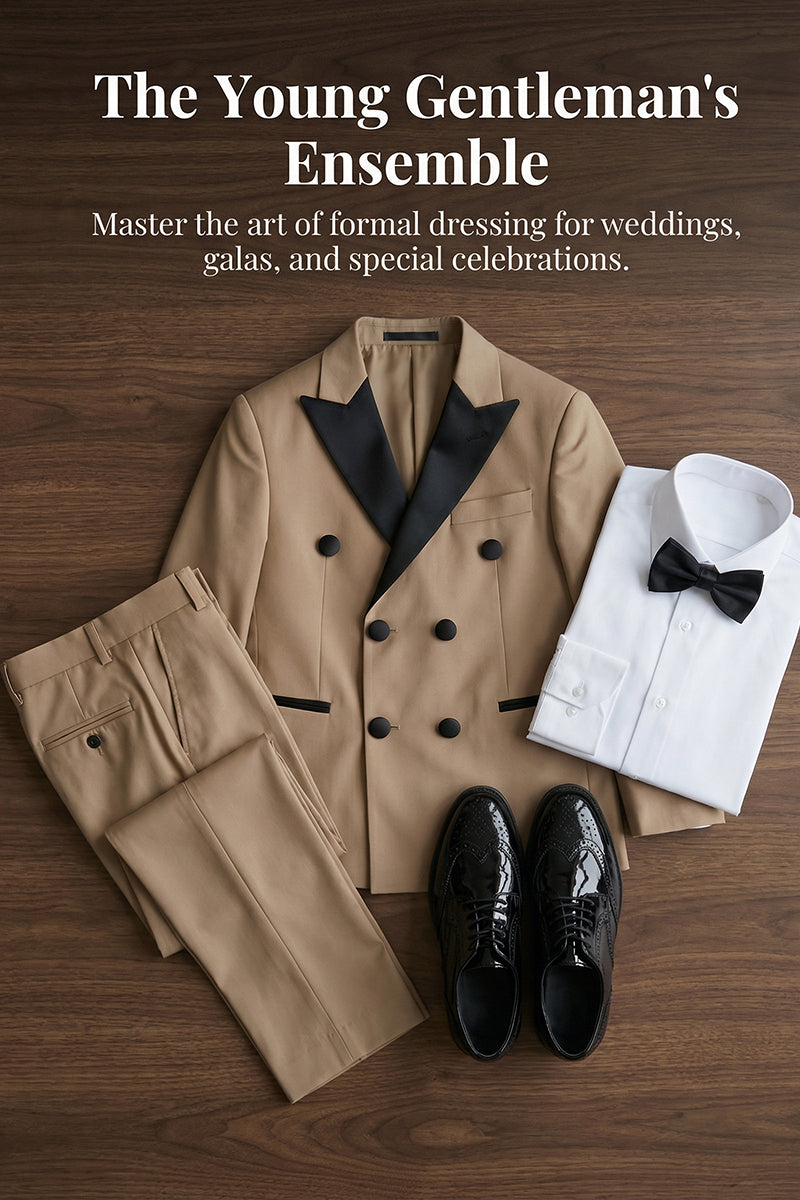 Boys Tan with Black Satin Lapel Tuxedo 2-piece Suit