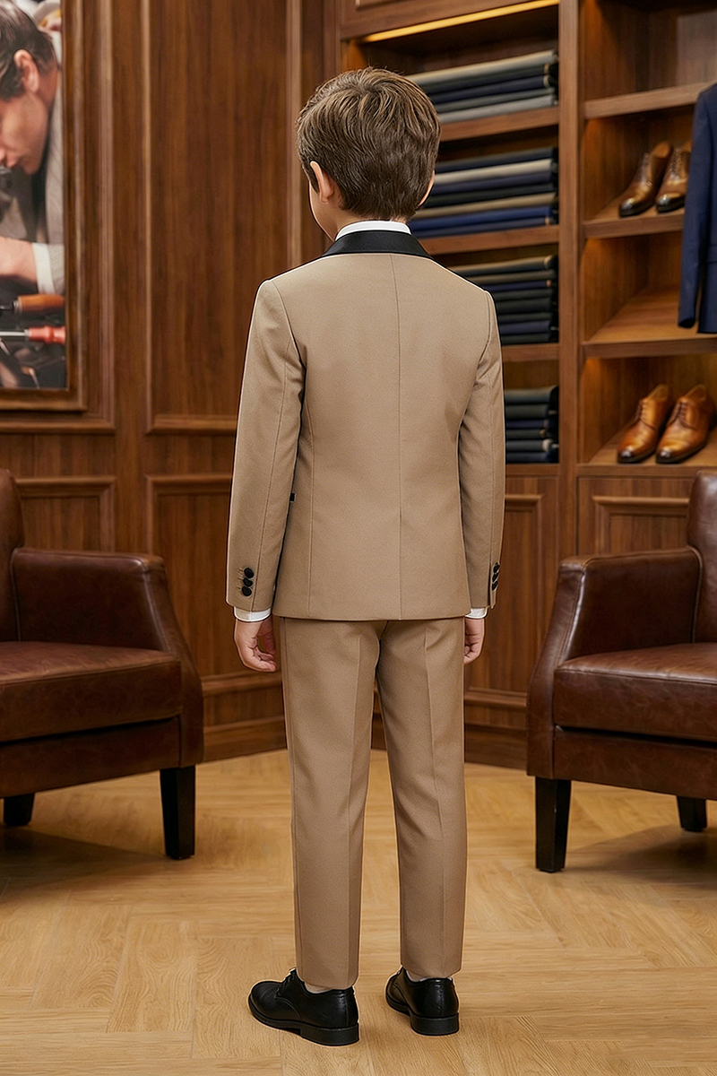 Boys Tan with Black Satin Lapel Tuxedo 2-piece Suit