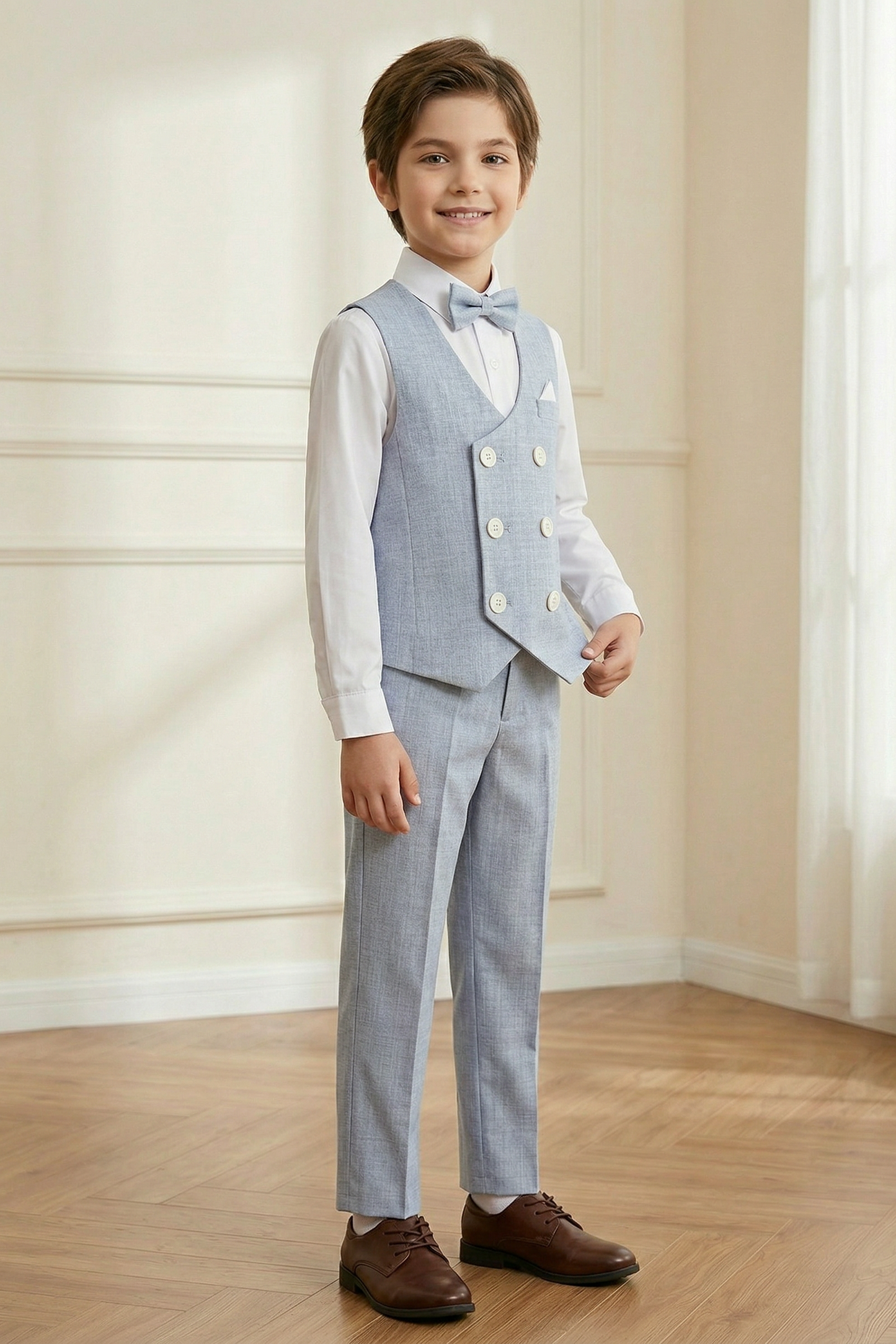 Light Blue-Gray Cotton-Linen Blend Double-Breasted 2-Piece Set
