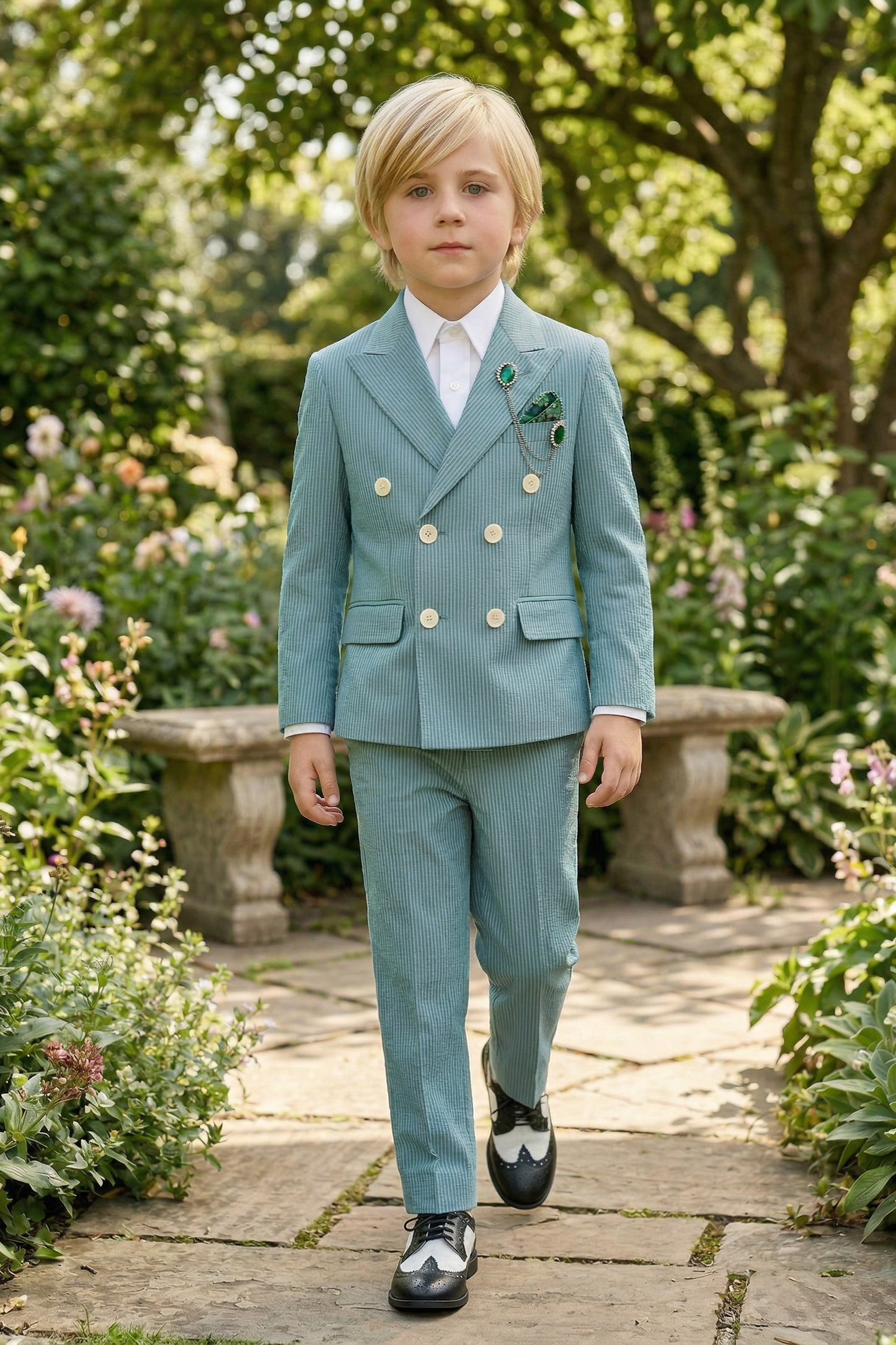 Mint Green Striped Seersucker Double-Breasted 2-Piece Suit