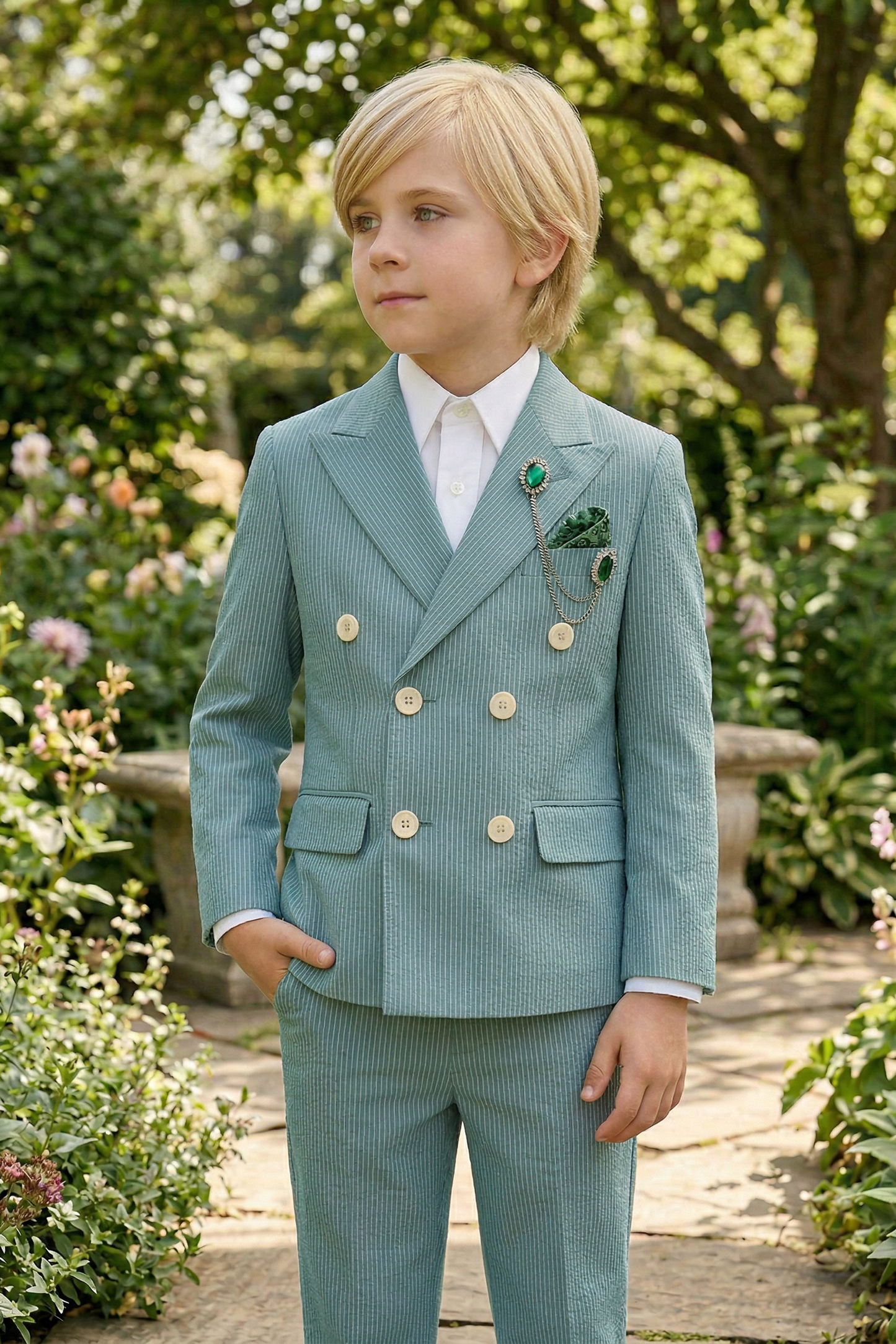 Mint Green Striped Seersucker Double-Breasted 2-Piece Suit