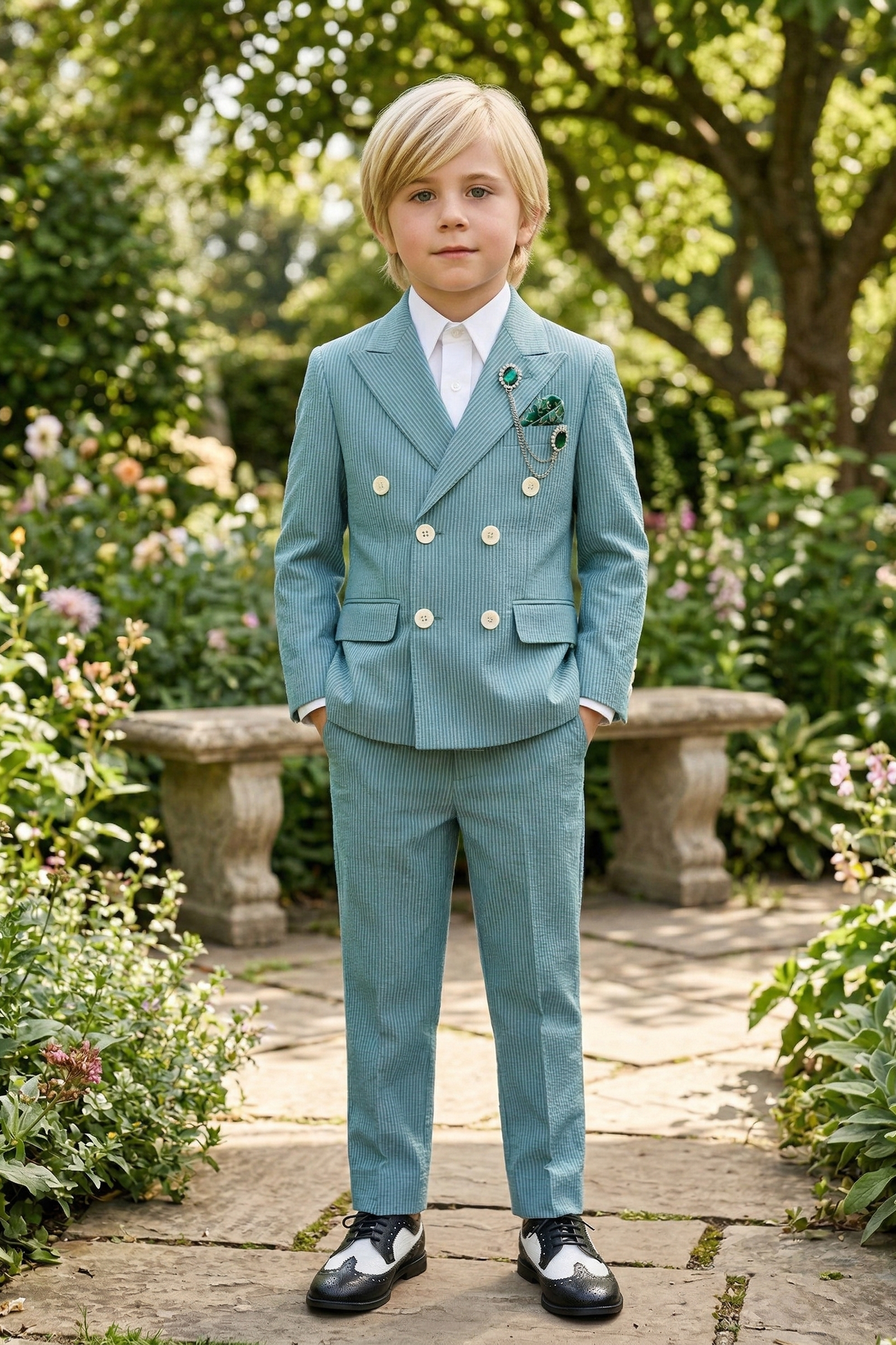 Mint Green Striped Seersucker Double-Breasted 2-Piece Suit