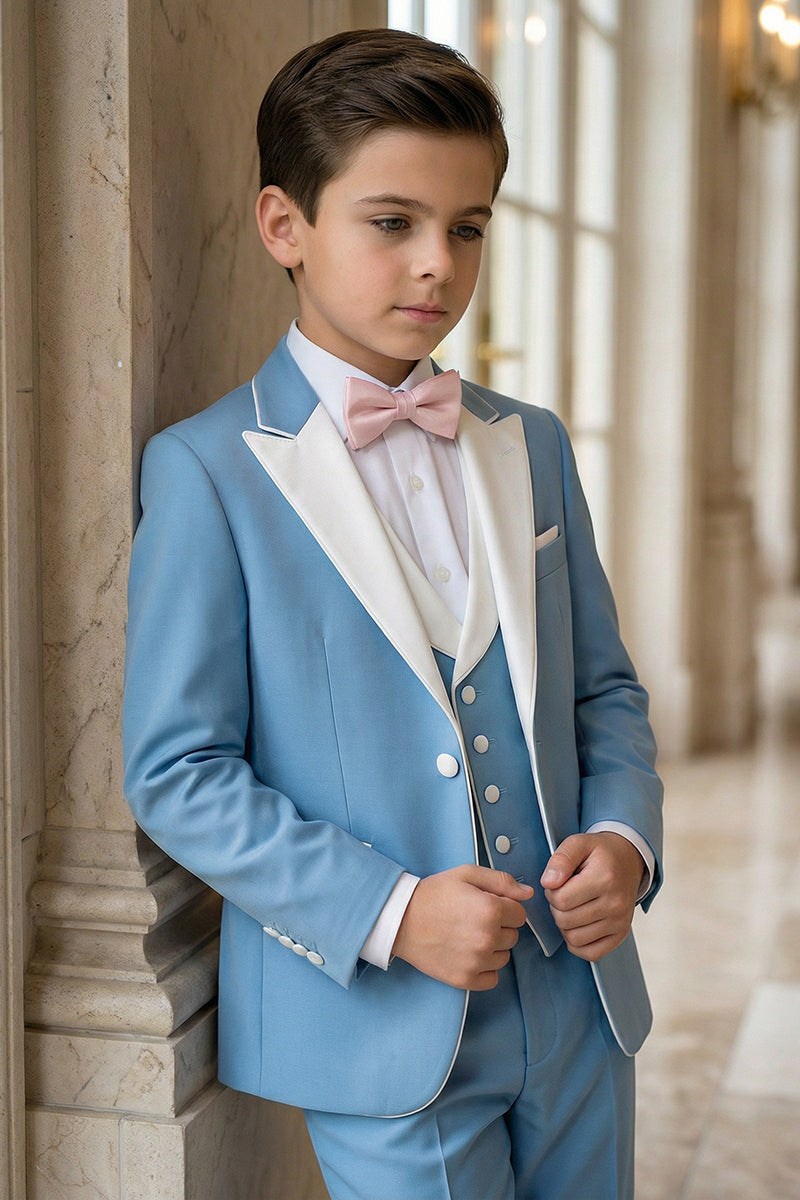 Boys Light Blue 3-Piece Suit with White Satin Lapel