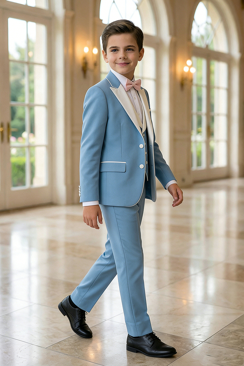 Boys Light Blue 3-Piece Suit with White Satin Lapel
