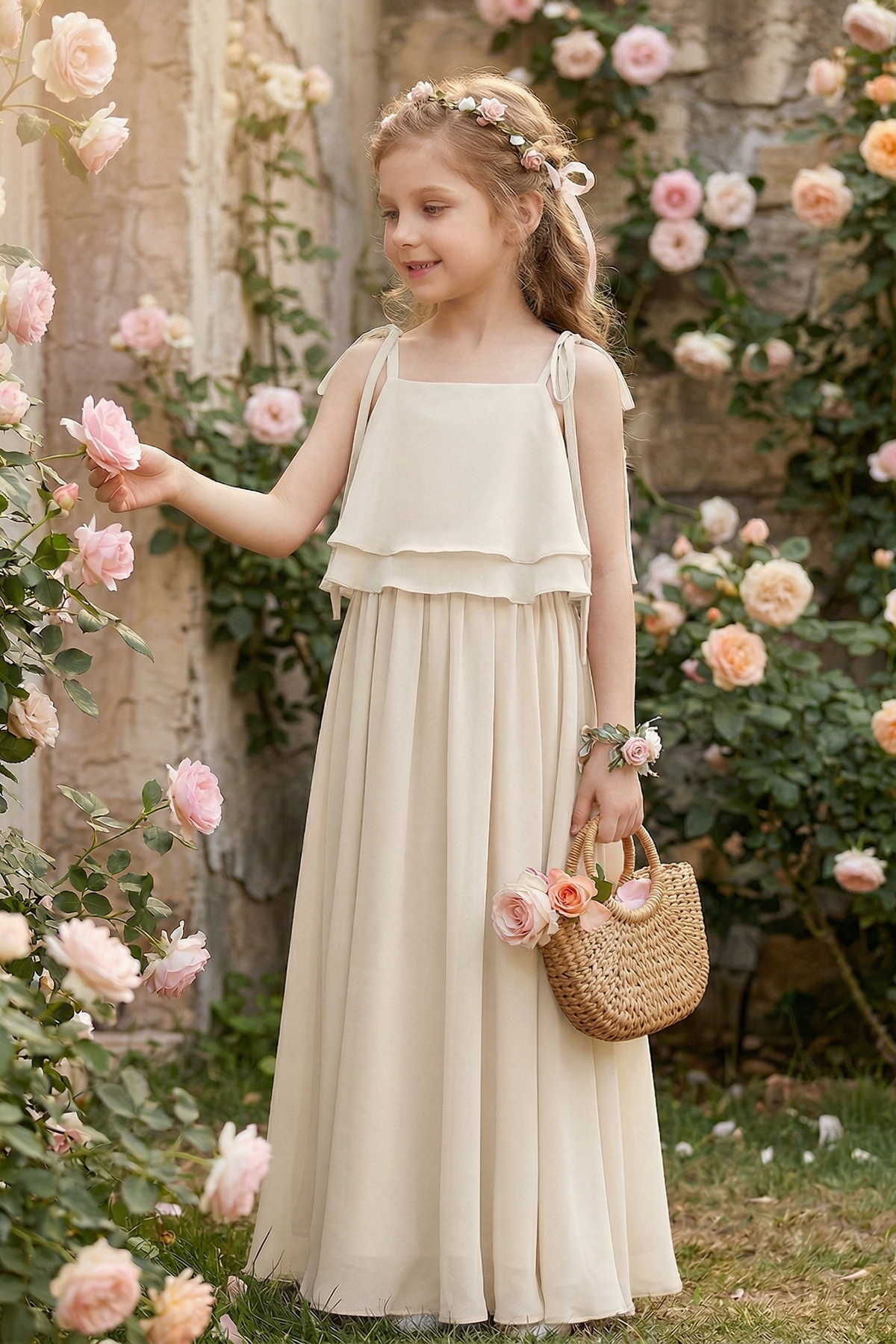Chiffon Tie-up Double-Layer Ruffle A-Line Dress